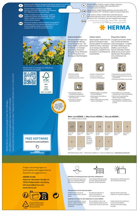 Etiketten aus Silphie-Papier A4, 25,4x10 mm, naturbraun, permanent haftend, 20 Blatt, 3.780 Klebeetiketten