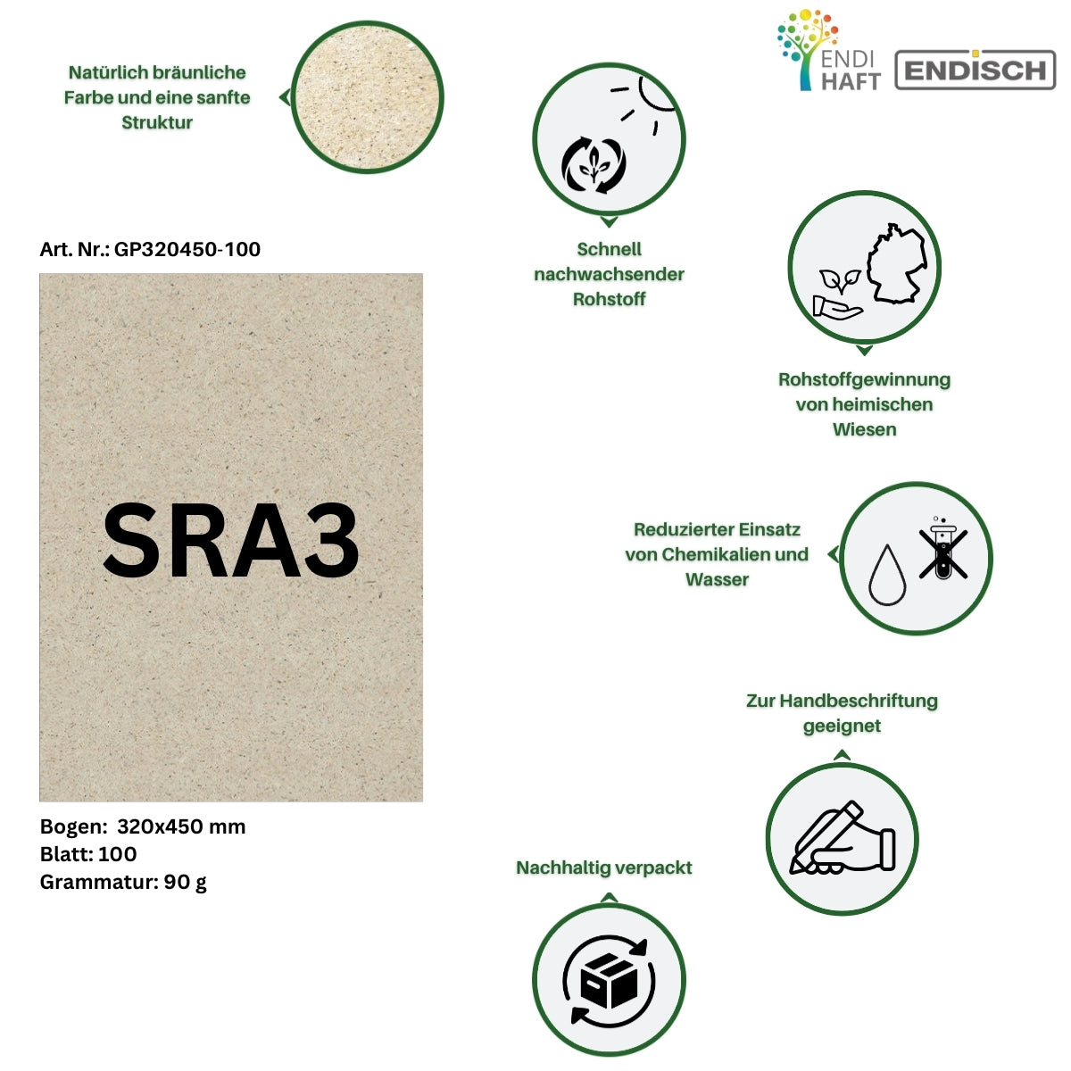 ENDI-HAFT Schreibpapier aus Gras im Format SRA3 320x450 mm 100 Blatt, Grammatur 90 g/m²