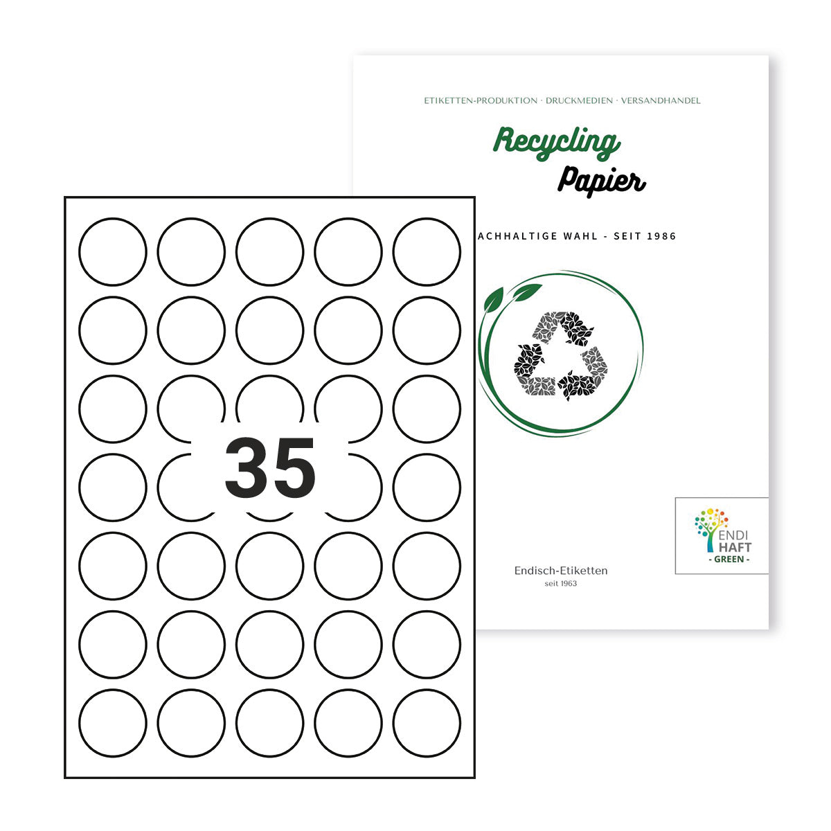 Recycling Etiketten, 34 mm rund auf DIN A4 Bögen