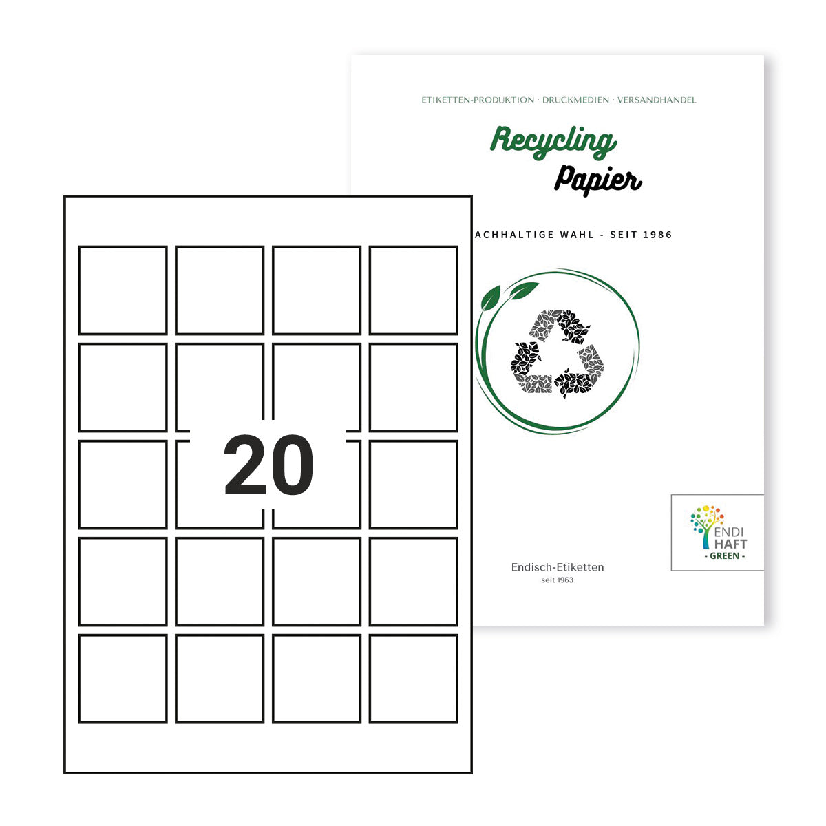 Recycling Etiketten, 45x45 mm auf DIN A4 Bögen