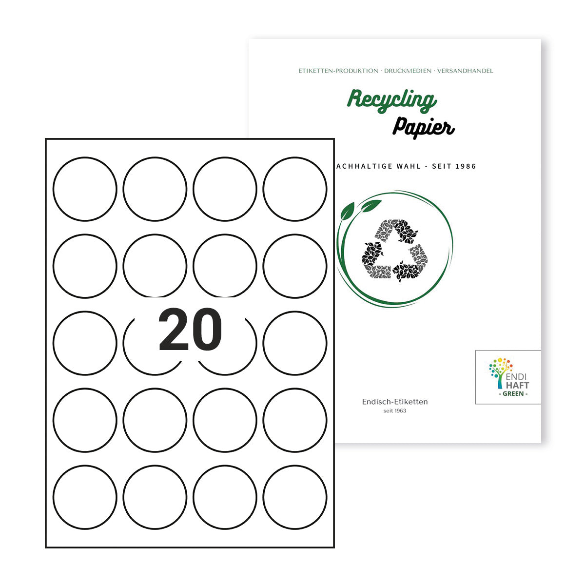 Recycling Etiketten, 46 mm rund auf DIN A4 Bögen