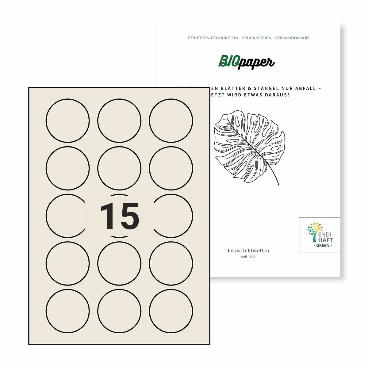 BIOpaper Natural, 50 mm rund mit 15 Nutzen auf DIN A4 Bögen