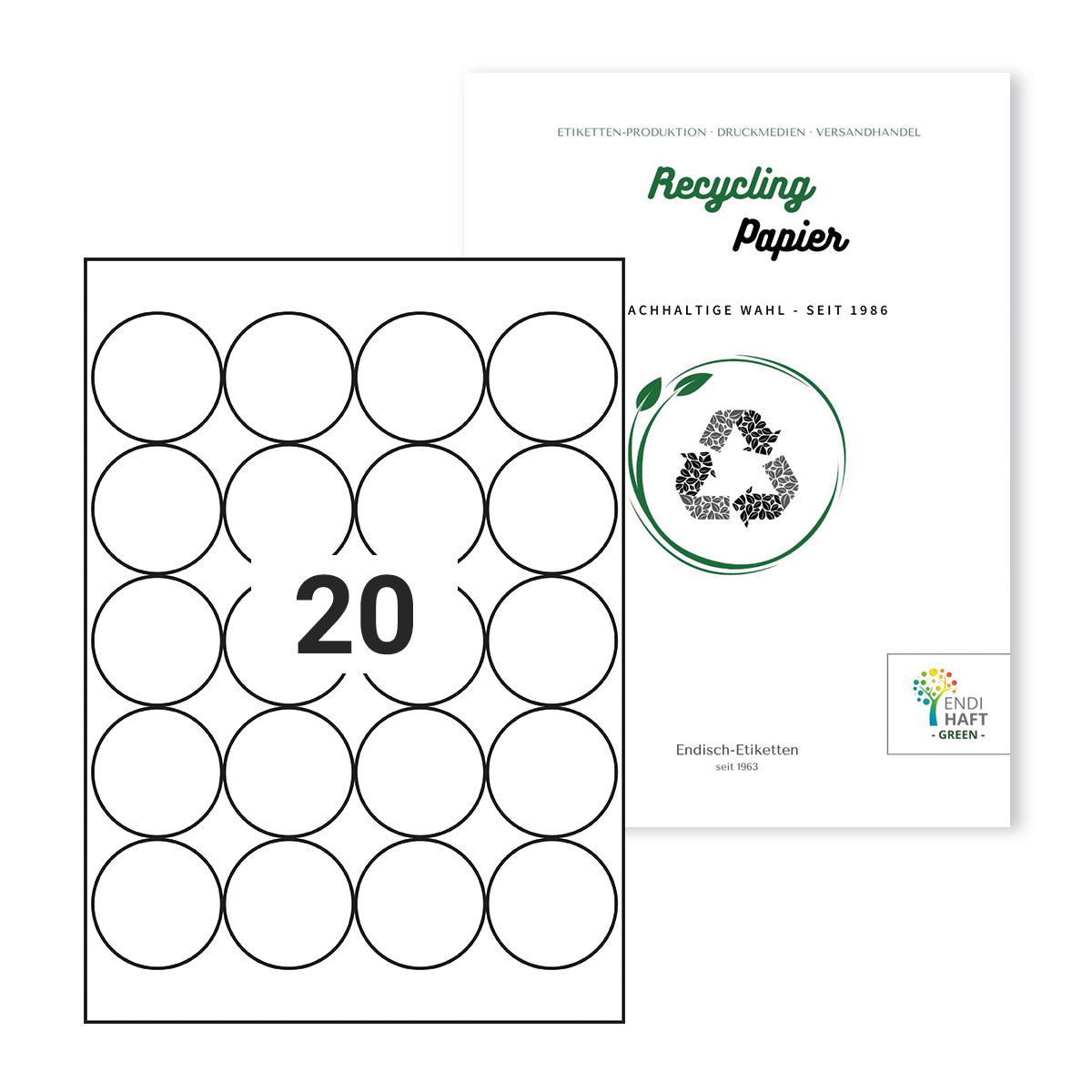Recycling Etiketten, 50 mm rund auf DIN A4 Bögen 20 Nutzen