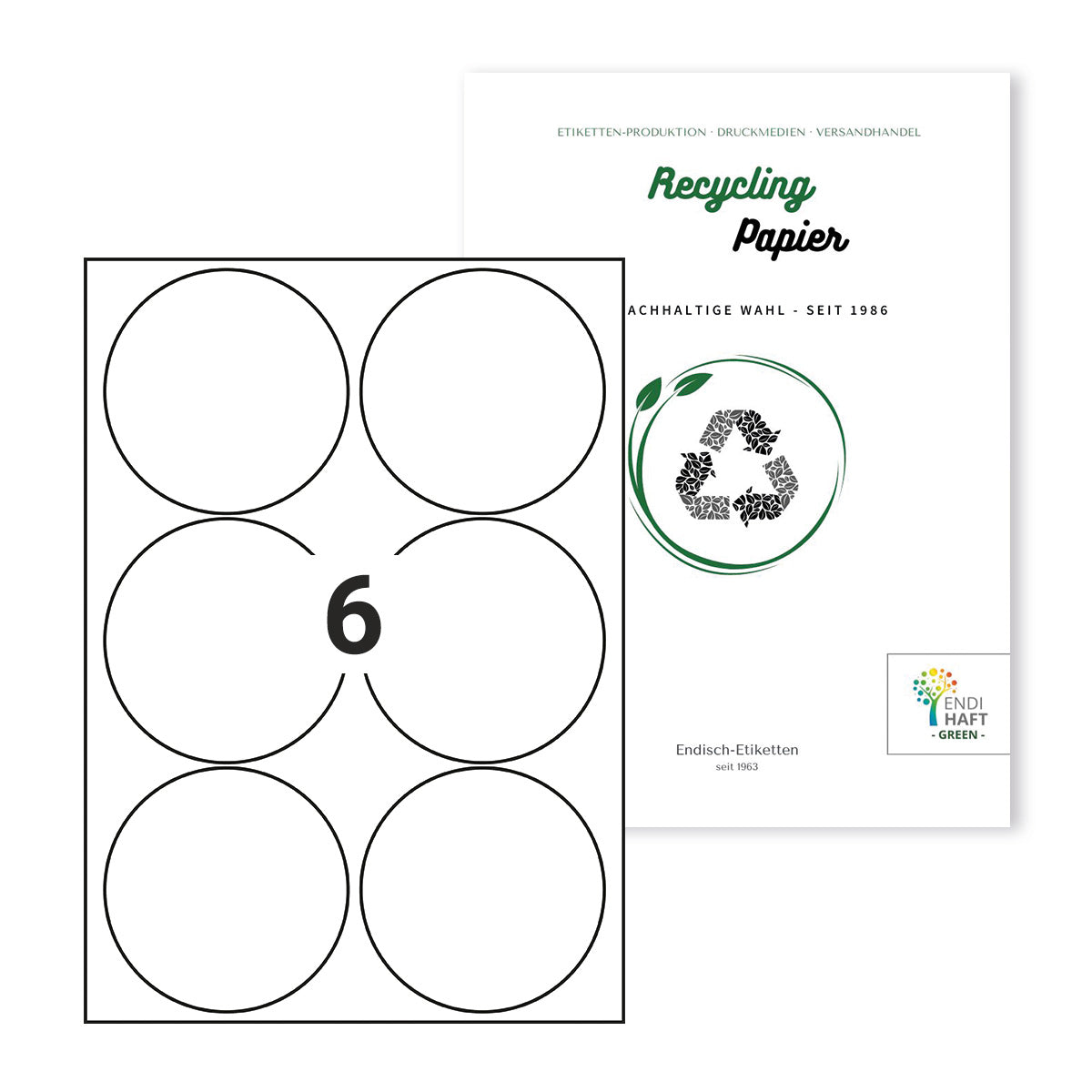 Recycling Etiketten, 95 mm rund auf DIN A4 Bögen