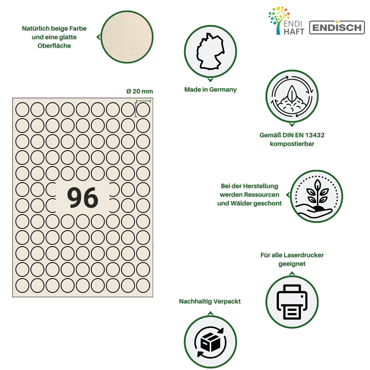 BIOpaper Natural, 20 mm rund auf DIN A4 Bögen