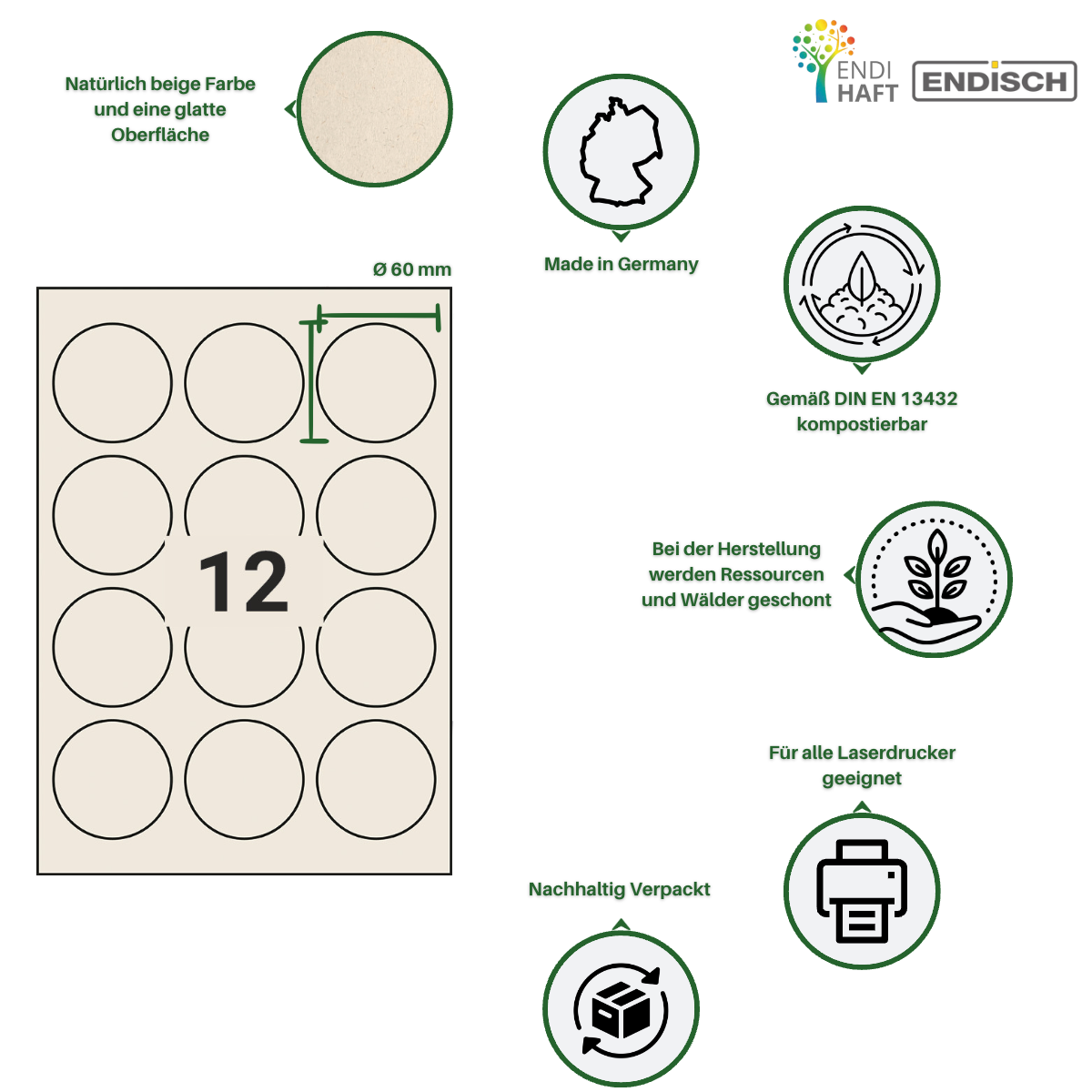 BIOpaper Natural, 60 mm rund auf DIN A4 Bögen