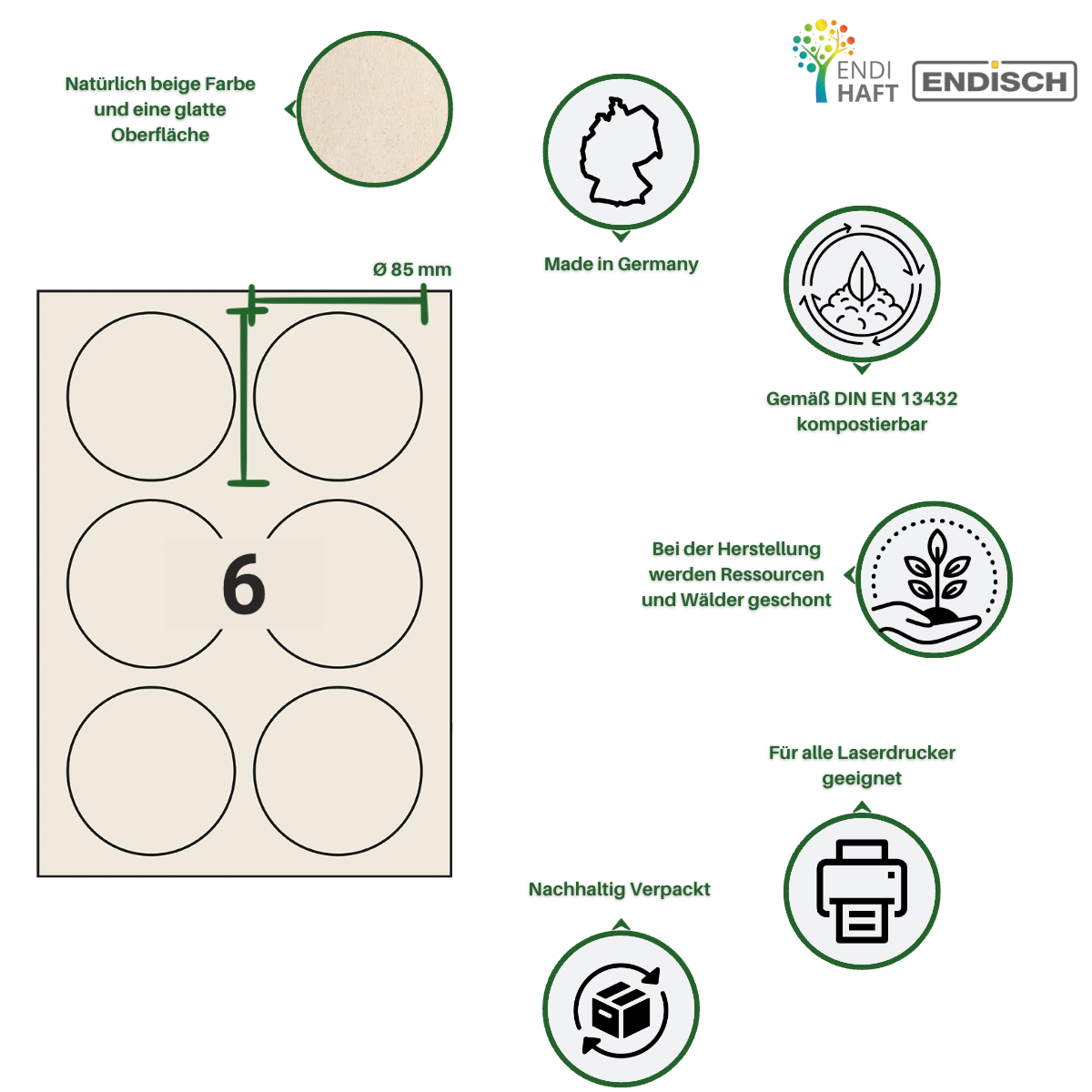 BIOpaper Natural, 85 mm rund auf DIN A4 Bögen