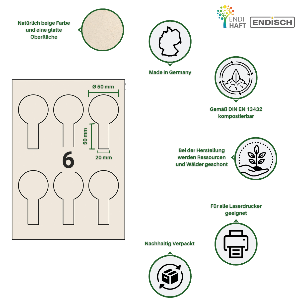 BIOpaper Natural Ø 50x100/20 mm Siegeletikett auf A4 Bögen