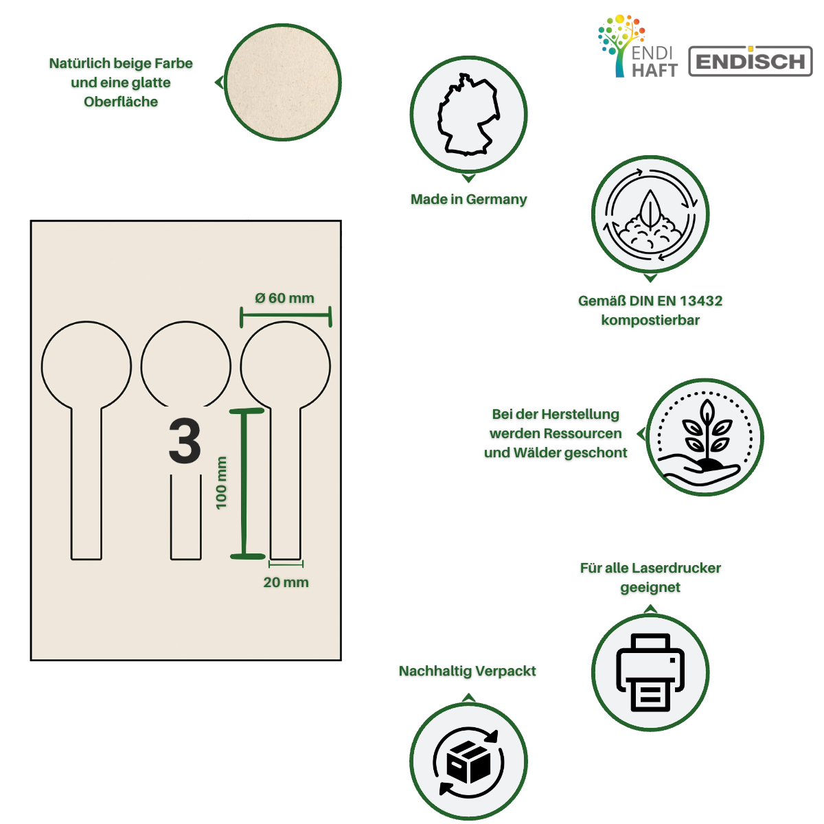 BIOpaper Natural Ø 60x160/20 mm Siegeletikett auf A4 Bögen