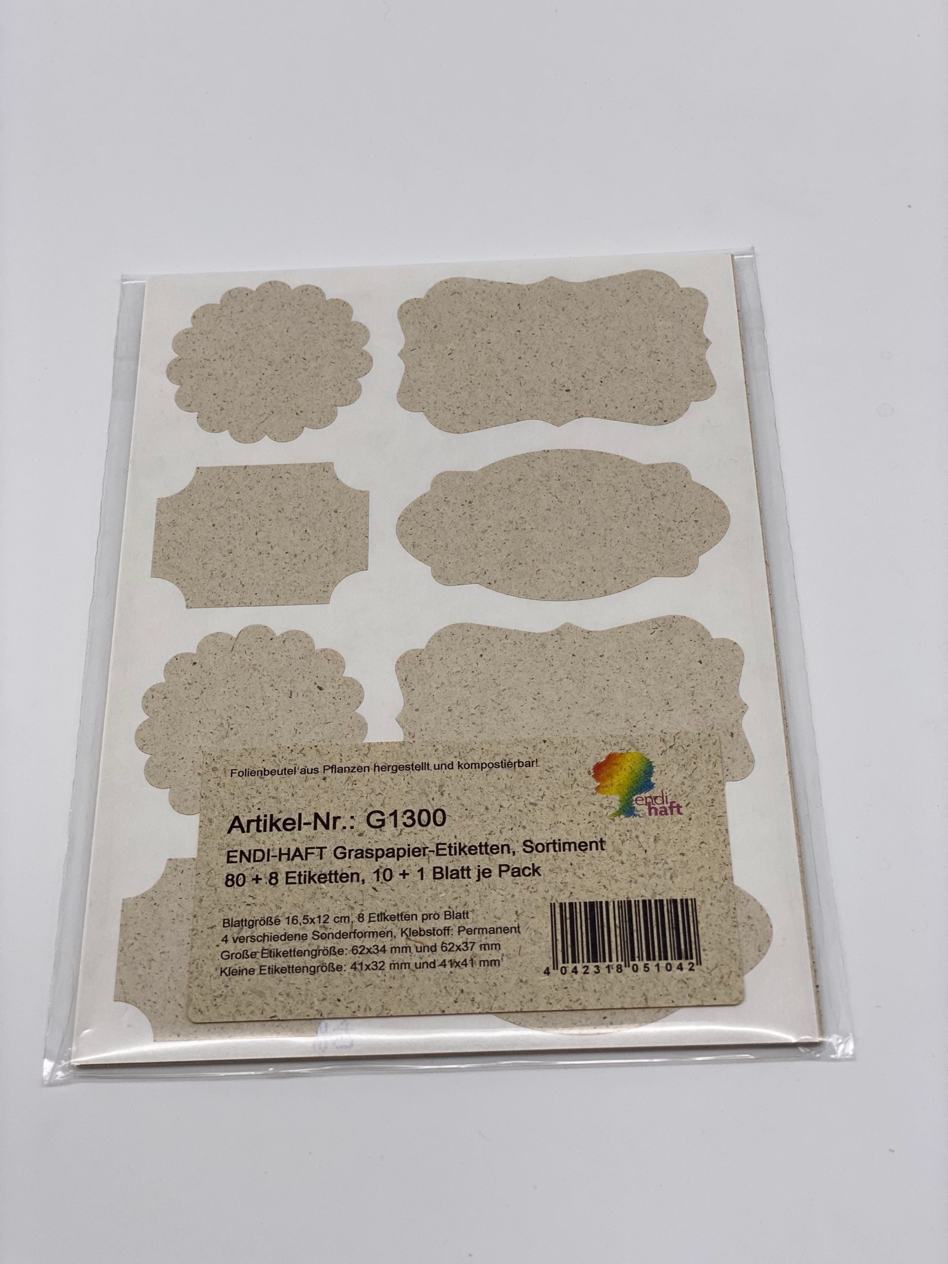 ENDI-HAFT Graspapier Etiketten, unser „Sortiment“ auf 165x120 mm Bögen
