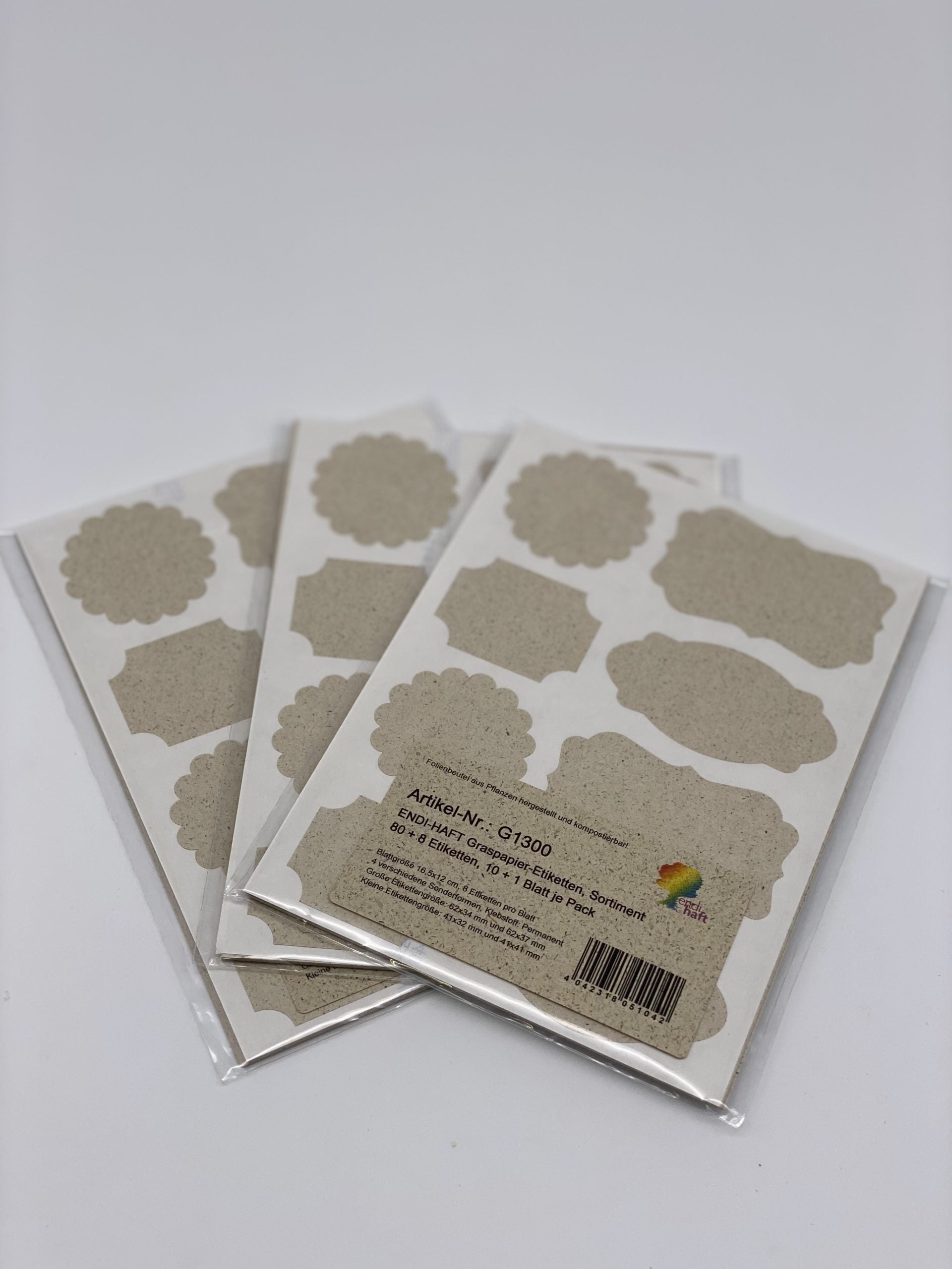 ENDI-HAFT Graspapier Etiketten, unser „Sortiment“ auf 165x120 mm Bögen