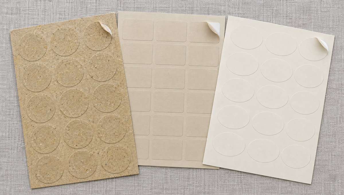 Etikettenbögen aus Graspapier, BIOpaper Natural und Recyclingpapier im Vergleich