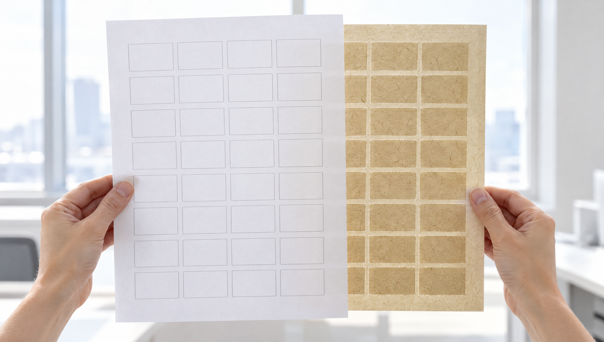 Probedruck auf Normalpapier neben einem Etikettenbogen aus Graspapier mit gleichem Raster