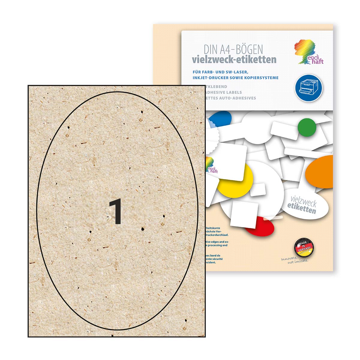 ENDI-HAFT Graspapier Etiketten, oval 190x280 mm auf DIN A4 Bögen